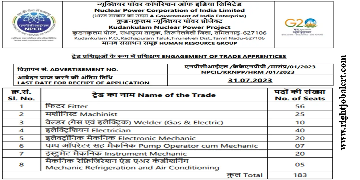 NPCIL 183 ITI Fitter Machinist Welder Gas and Electric Electrician