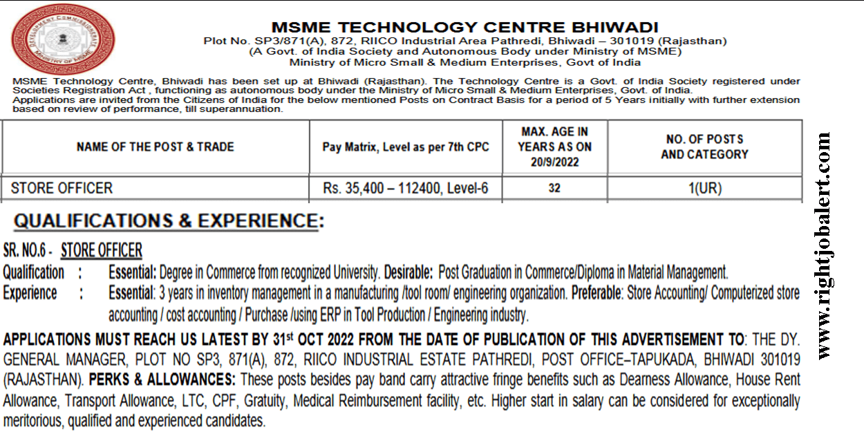 MSME Store Officer Job Opportunities upto 1 Lakh Salary Right Job Alert