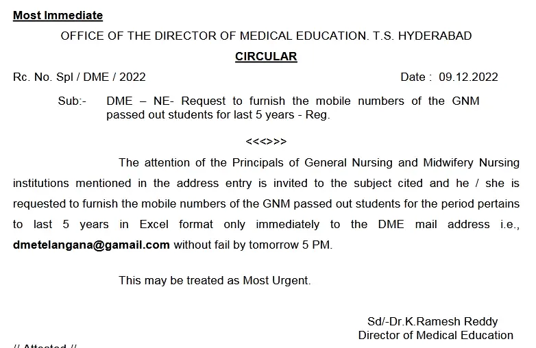Attention of the Principals of General Nursing and Midwifery Nursing institutions