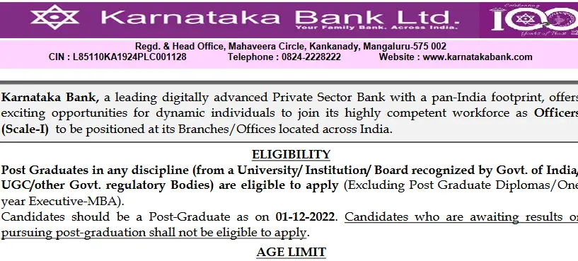 Officers (Scale I) Job Vacancies Karnataka Bank Limited