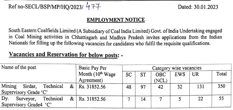 Mining Sirdar And Surveyor 405 Job vacancies SECL