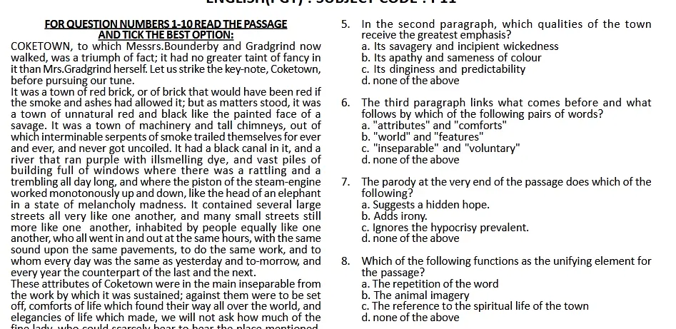 Read the Passage and Tick the Best Option Questions-English