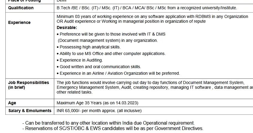 BE B.Tech BCA MCA B.Sc Qualification 65000 Salary Job Opportunities in AIAHL