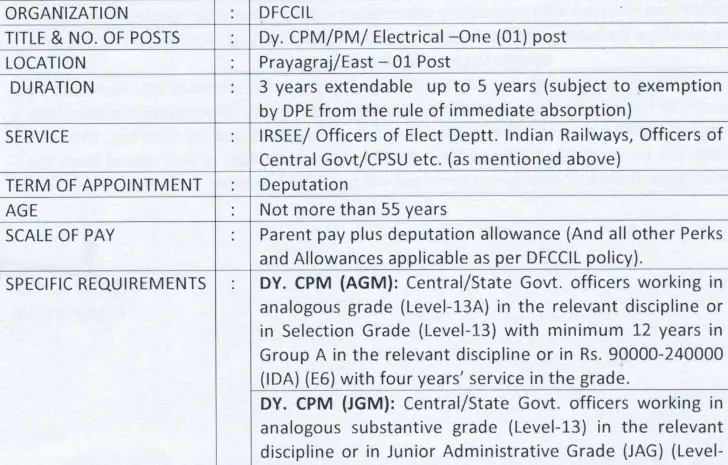 Electrical And Civil Deputy CPM PM Job Vacancies Dedicated Freight Corridor Corporation of India