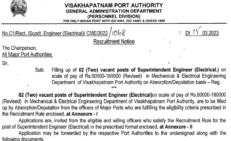 Mechanical Electrical Electronics And Communication Engineering Job Opportunities Visakhapatnam Port Trust