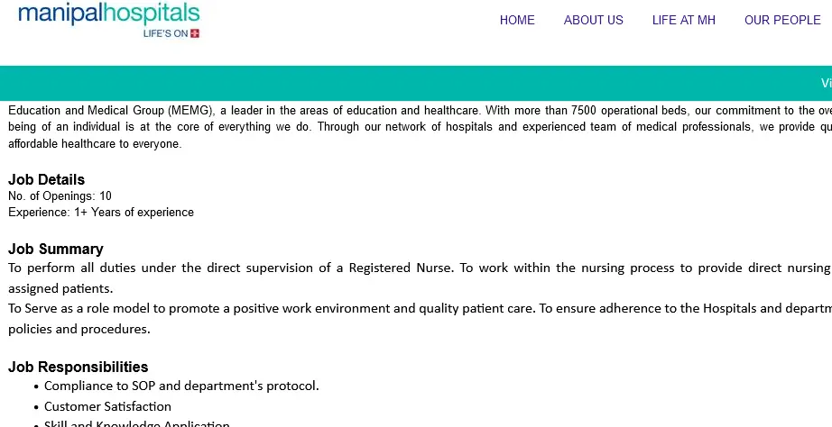 Staff Nurse Job Recruitment Manipal Hospital Bengaluru March 2023