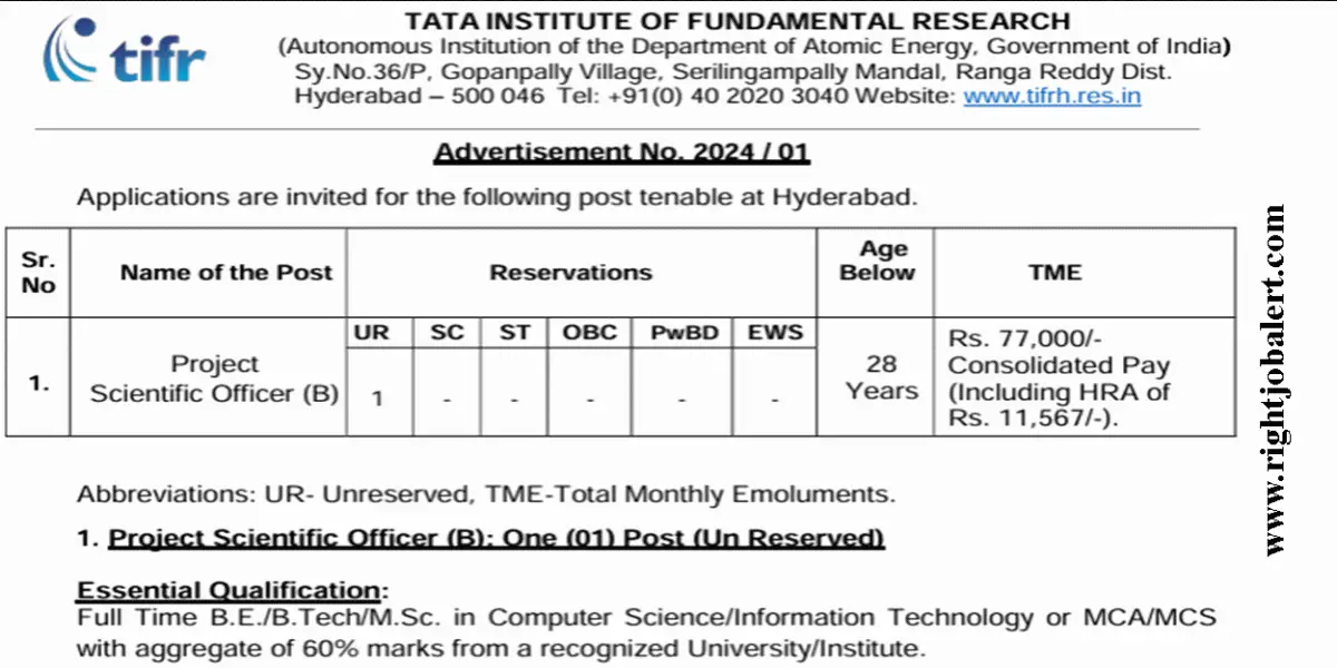 TIFR 77000 Salary MCA MCS B.E. B.Tech M.Sc Computer Science Information ...