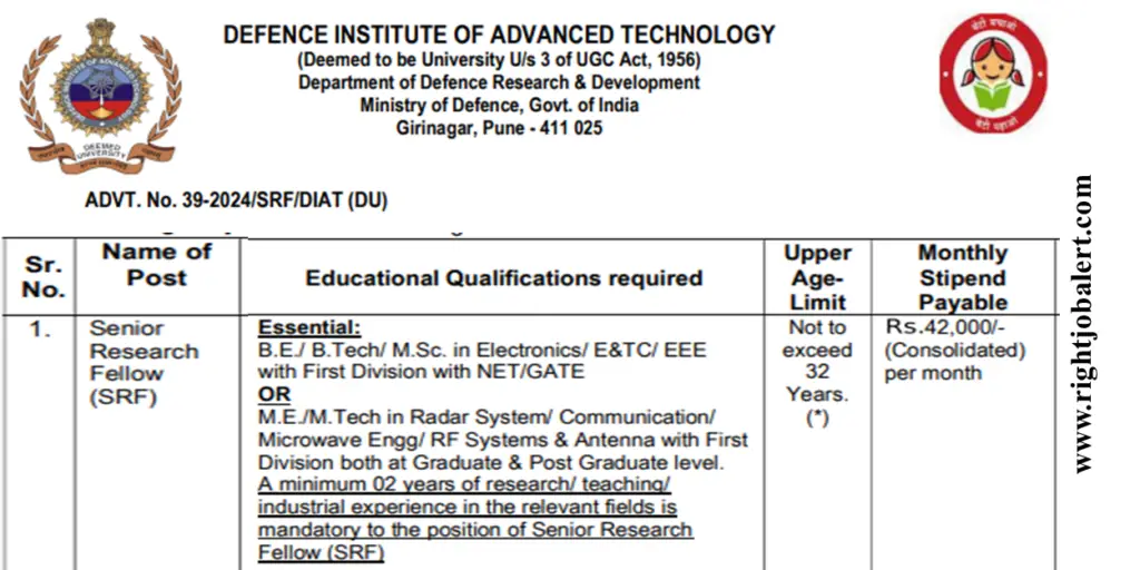 42000 Salary Senior Research Fellow - Electronics,Electronics and Telecommunication and Electrical and Electronics Engineering Job Opportunities DIAT