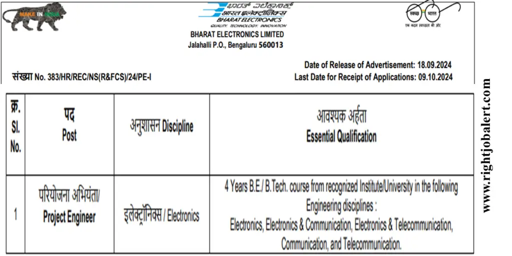 BEL Project Engineer-I - Electronics Job Opportunities 40,000-55,000 Salary