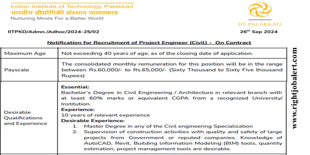 IIT Palakkad Project Engineer - Civil Job Opportunities 60,000-65,000 Salary