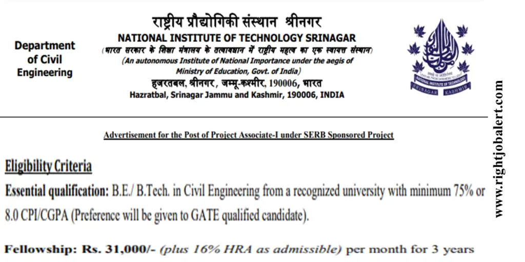 NIT Srinagar Project Associate Civil Engineering Job Opportunities 31000 Salary