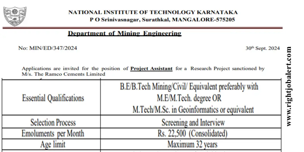 NIT Surathkal Project Assistant Mining or Civil Engineering Job Opportunities